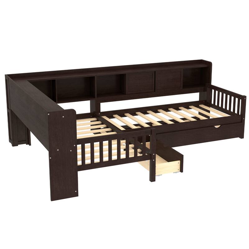 L Shaped Twin Platform Bed with Pull Out Trundle and Drawer, Solid Wood Twin Size Bed Frame with L Shaped Storage Bookcases