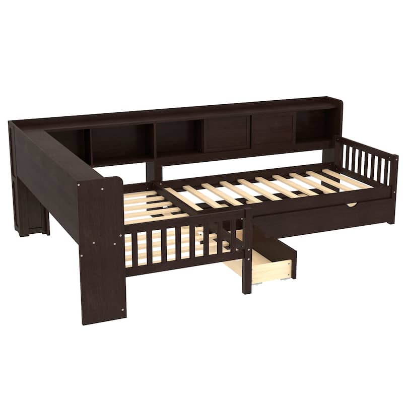 L-shaped Bunk Platform Bed Twin Size Solid Wood Storage Bedframe with Trundle, Drawer and Open Shelves for Boys, Girls, Kids