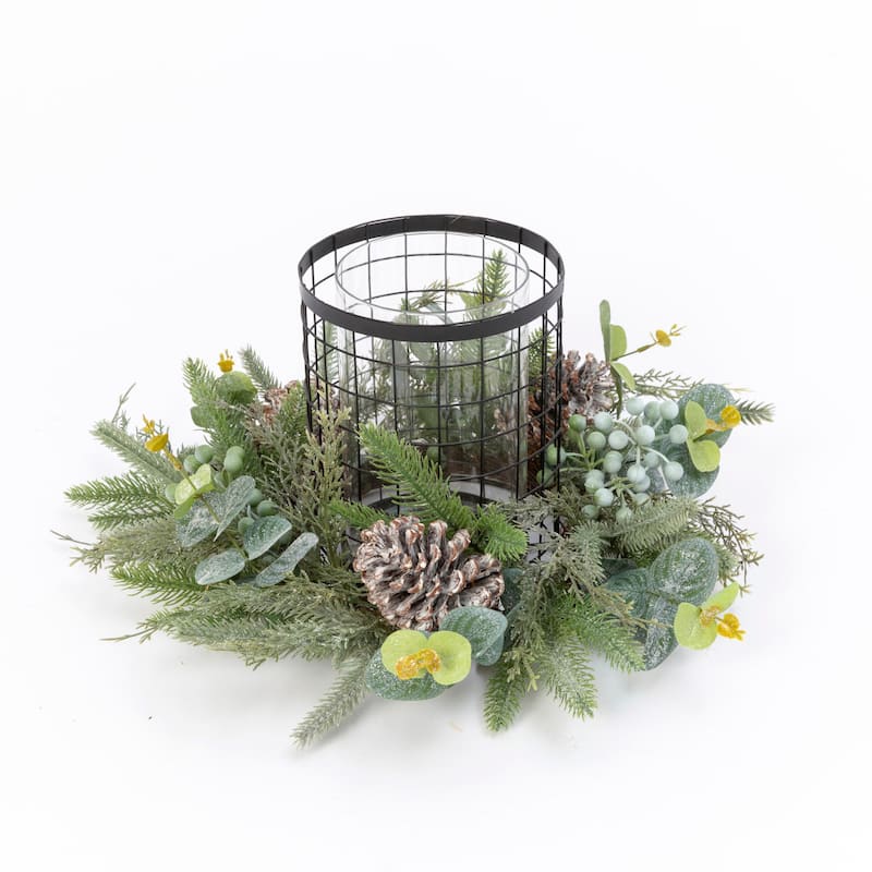 17 in. Metal Holiday Centerpiece Glass Candle Holder