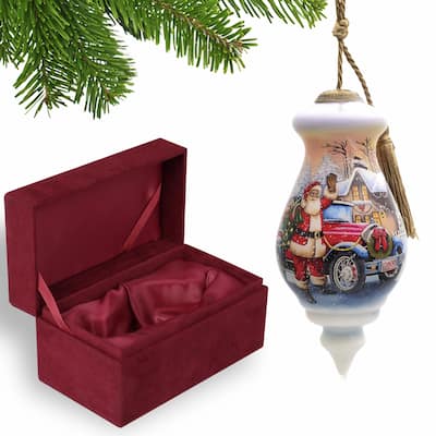 Vintage Car and Santa Waving Hand Painted Mouth Blown Glass Ornament - 6" x 2.75" x 2.75"