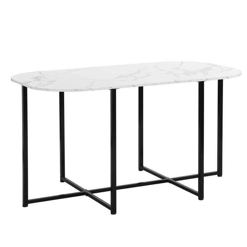 7-Piece Compact Dining Set for 6 with Faux Marble Table and Stylish Metal Frame Chairs, 55-Inch
