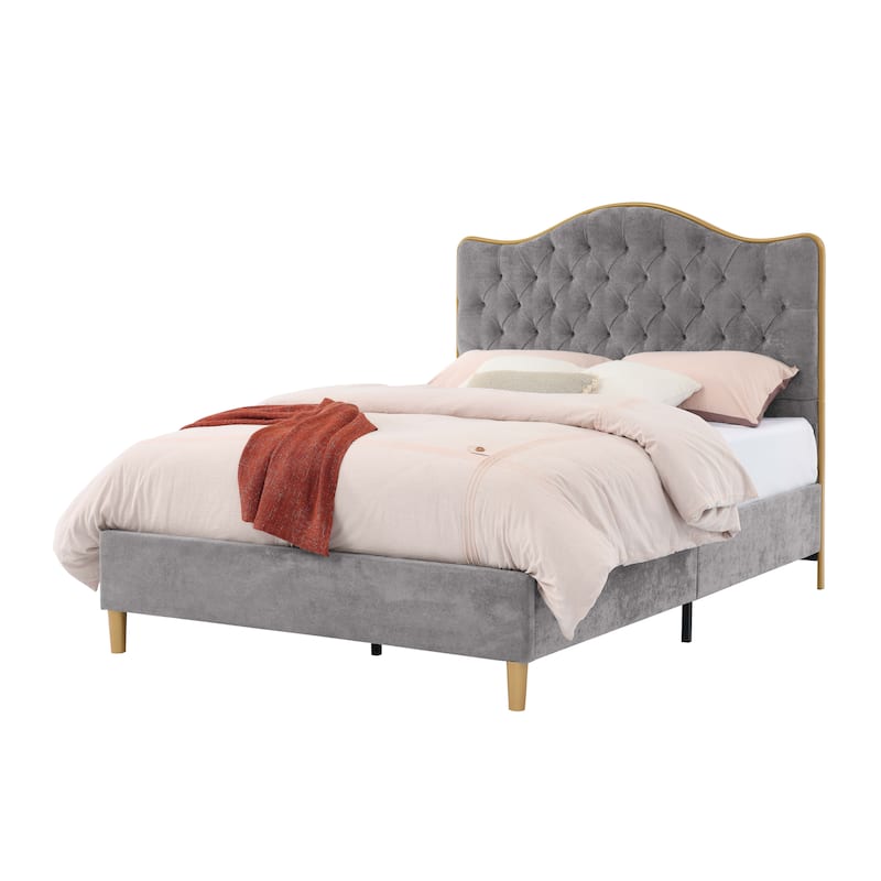 Upholstered Queen Bed Frame with Tufted Headboard and Wooden Legs