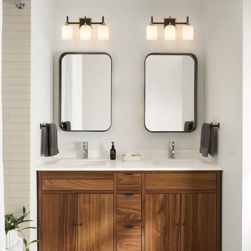 3-Light Modern Transitional Metal & Glass Bathroom Vanity Light with Milk White Glass Shades - 3 Light