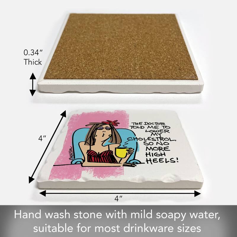 High Heels 4 Pack Absorbent Stone Coasters with Cork Backing 4" Square Made in The USA Absorbent Wipes Clean