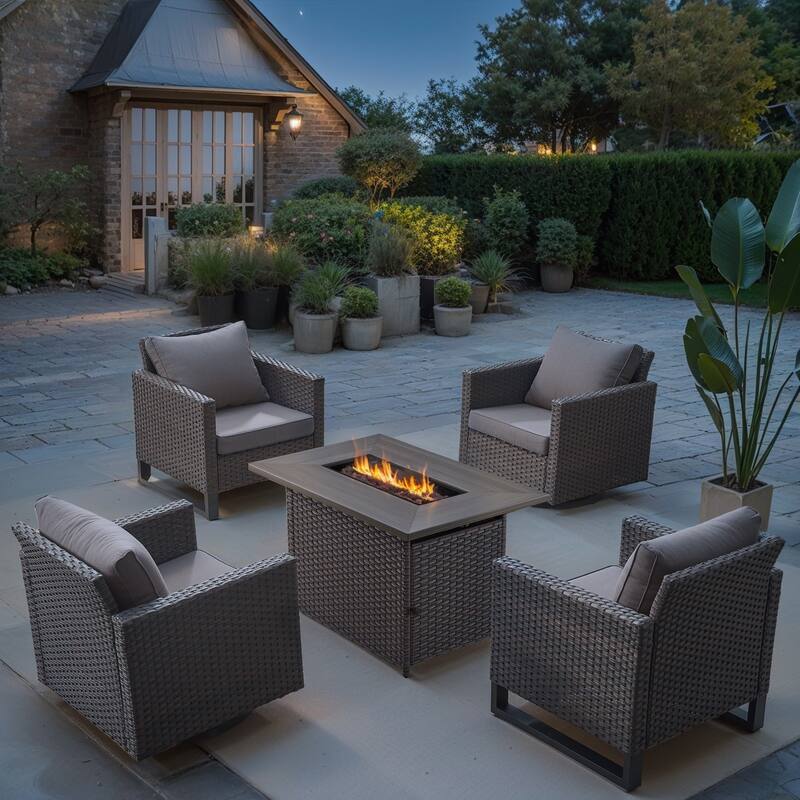 5 Pieces Patio Wicker with Fire Pit Table - Grey cushion - Brown - Grey - Brown