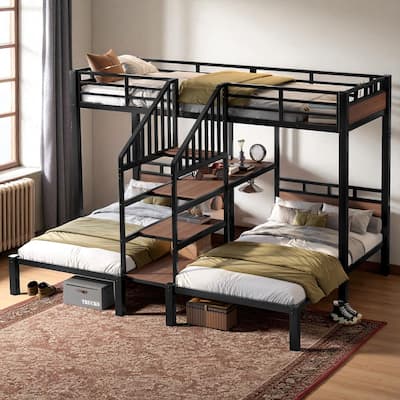 Twin/Queen over Twin over Twin Metal Triple Bunk Bed with Storage Shelves & Built-in Stairs, Black Heavy Duty Frame