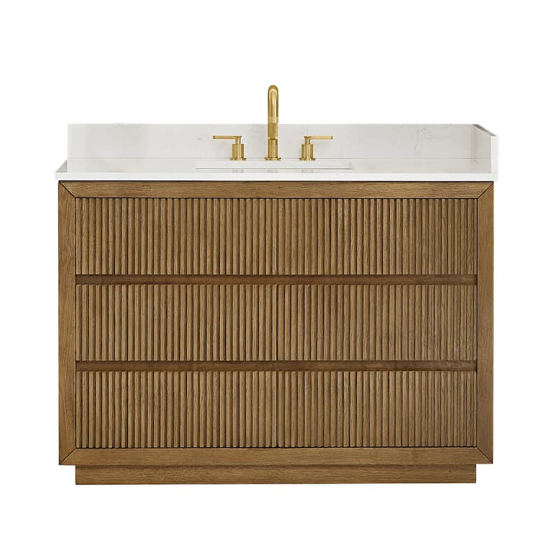 Navan Bathroom Vanity in Weathered Brown with Grain White Engineered Stone Countertop No Mirror