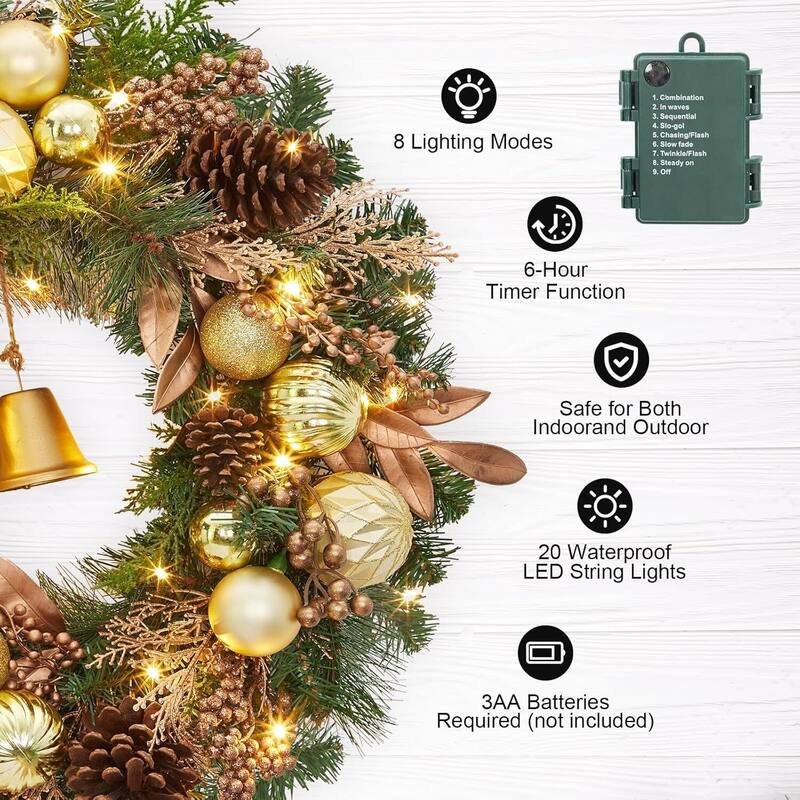 24 Inch Pre-Lit Artificial Christmas Wreath with Ball Ornaments and Bells