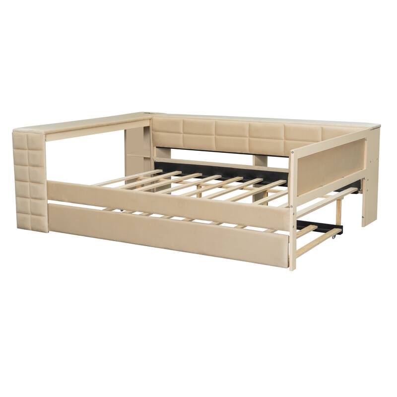 Full Size Upholstered Platform Bed with Storage, Desk, Charging Station, and Trundle in Beige