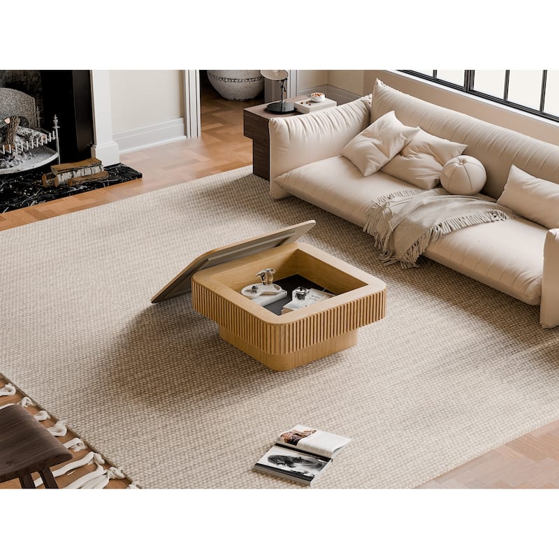 Modern 31.5" Square Coffee Table with Storage Solid Wood Veneered Accent Table for Living Room or Bedroom