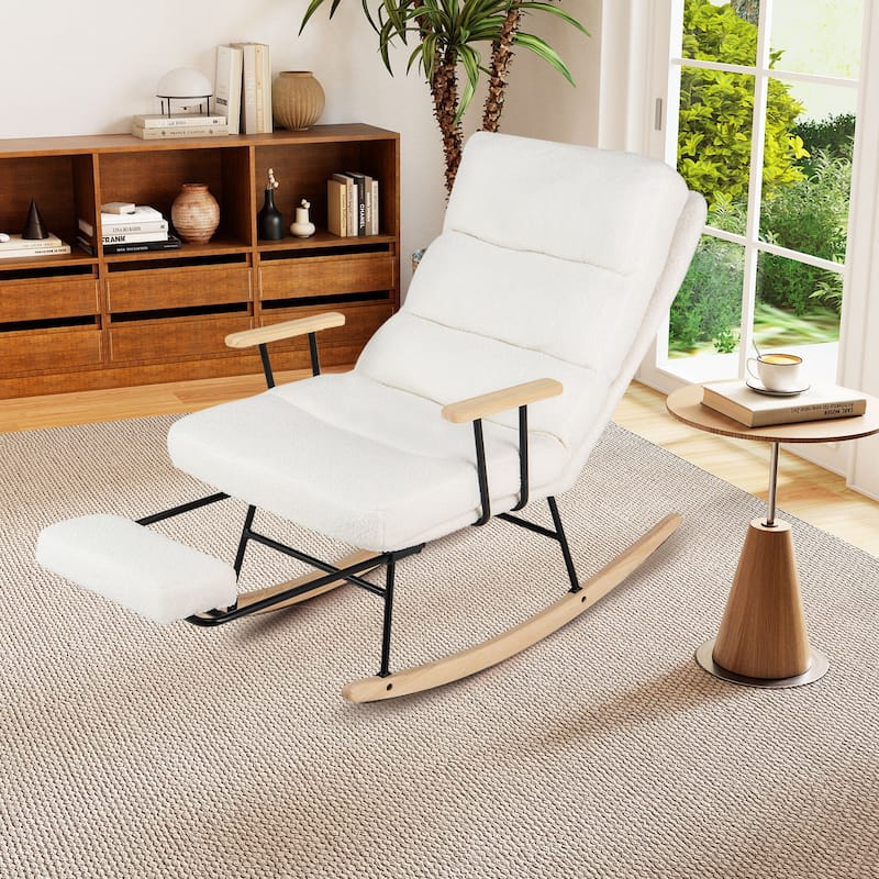 White Teddy Velvet Rubber Wood Rocking Chair with Adjustable Backrest and Footrest - 38" x 25.5" x 38"