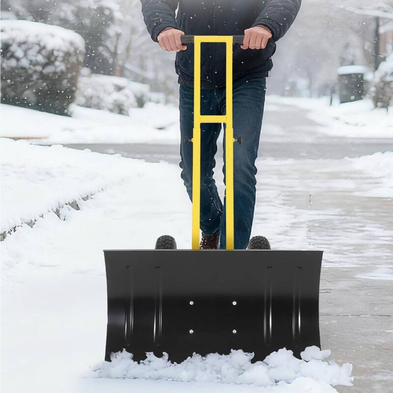 29.13x16.54 in Heavy Duty Rolling Snow Pusher Shovel for Driveway, Doorway, Sidewalk - Yellow