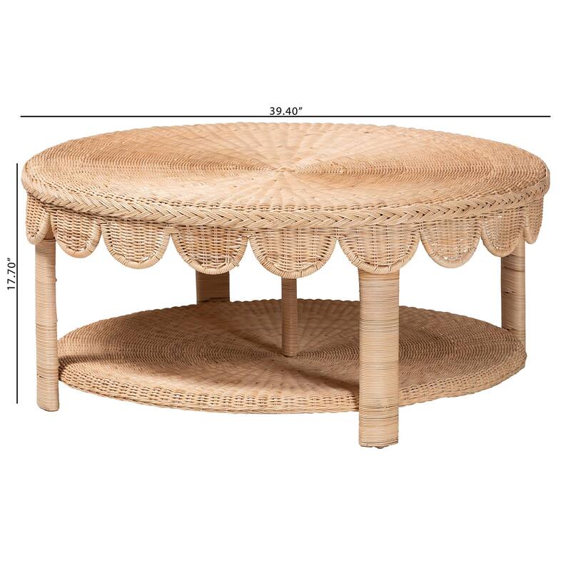 Latoya Natural Rattan Coffee Table - Handwoven Round Wicker Table with Scalloped Apron and Lower Shelf, Coastal Boho Style