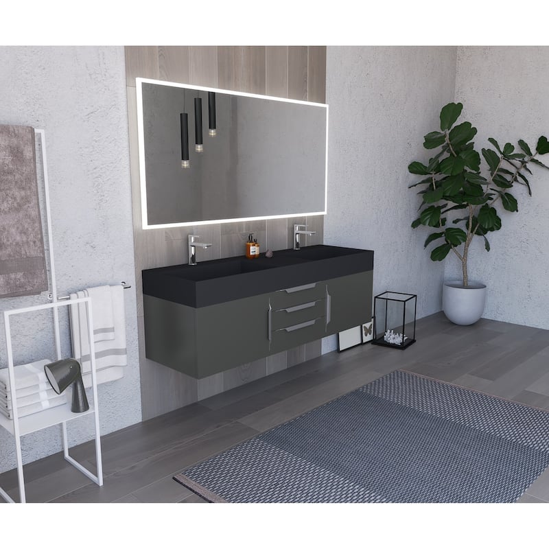 Amazon 60" Wall Mounted Bathroom Vanity Set w/ Black Top