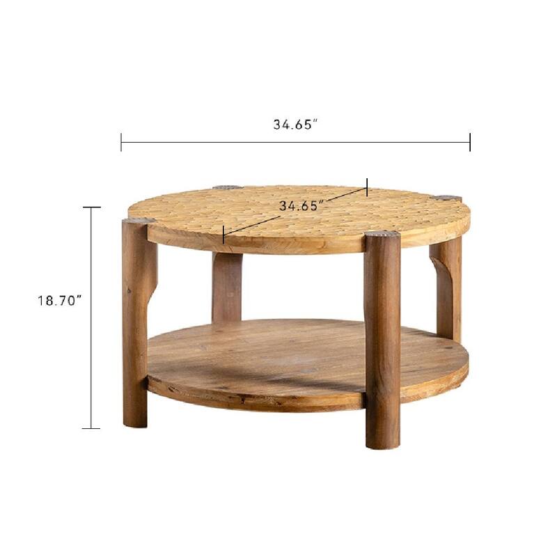 Round Coffee Table - 2-Tier Storage, Solid Wood, Mid-Century Modern