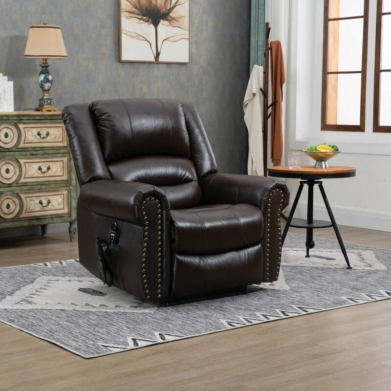 Dual Motor Real Leather Power Lift Recliner with Massage, Heating Functuous and USB Ports-Up to 350 LBS Capacity