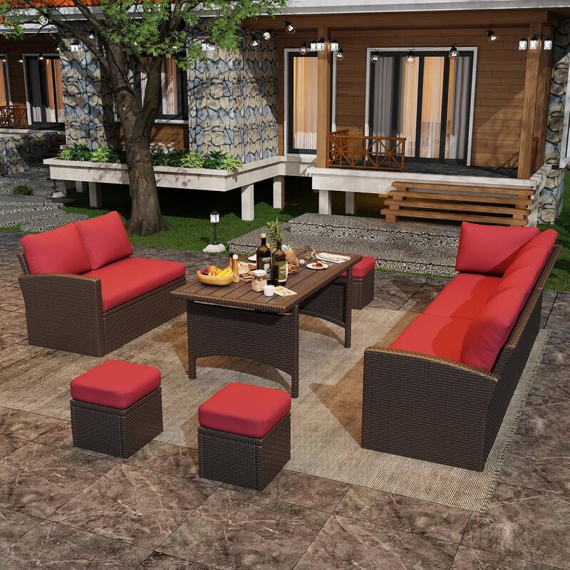 AECOJOY 7-Piece Outdoor Patio Wicker Sectional Sofa with Dining Table