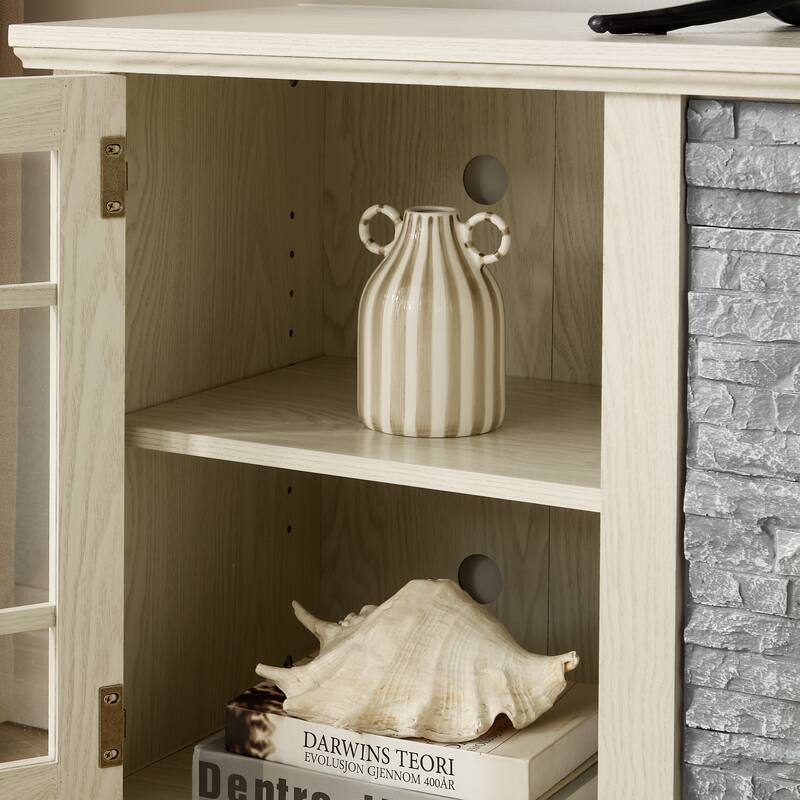 GDFStudio Alice Wood 70" TV Stand with Faux Stone Surround and 2 Door Storage