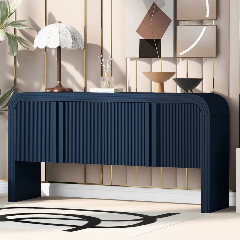 Arched Storage Cabinet Sideboard with 4 Stripes Doors and Adjustable Shelves, Modern Entryway Cabinets with Pine Leg