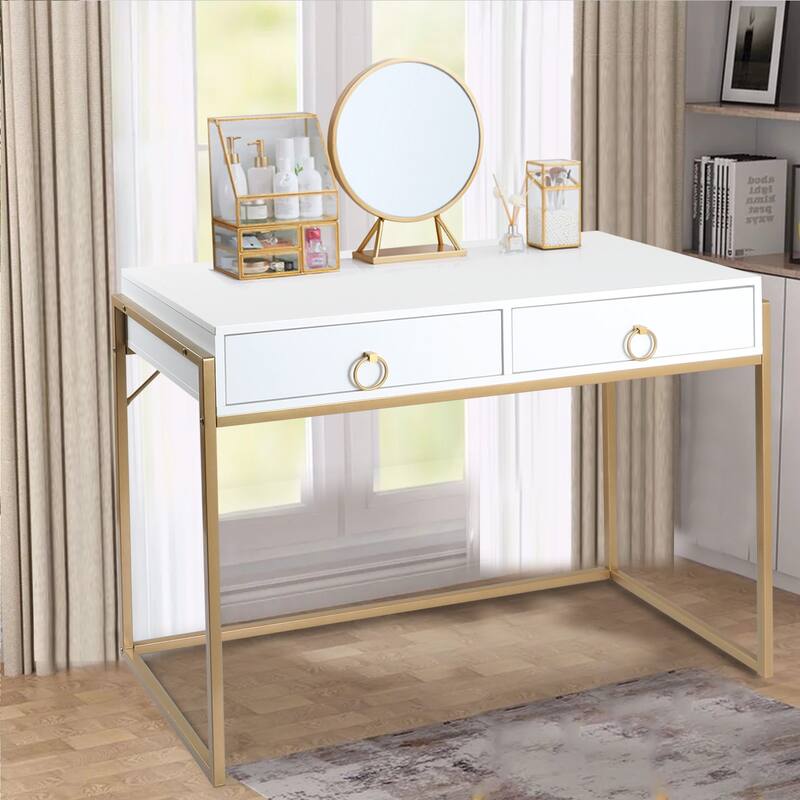 Anmytek Modern Computer Desk White Gold Vanity Desk Study Writing Table with 2 Drawers for Home Office