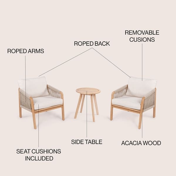 dimension image slide 1 of 3, Porto 3-Piece Modern Bohemian Roped Acacia Wood Conversation Outdoor Patio Set with Cushions, by JONATHAN Y