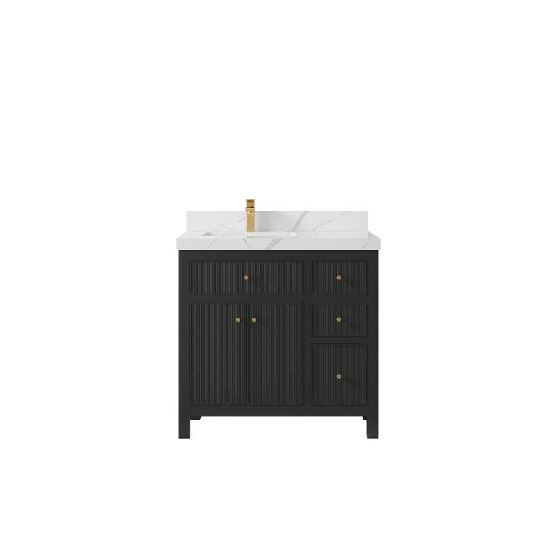 Willow Collections 36 in W x 22 in D Sonoma Left Offset Free Standing Reeded Bathroom Vanity with Countertop - 2" Calacatta Laza - Black Top