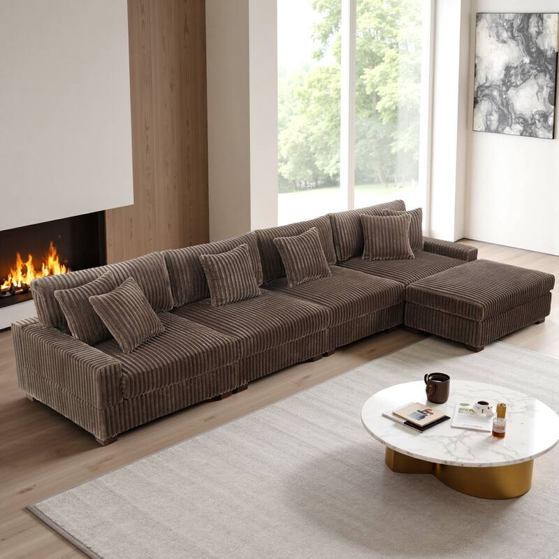 Modular Cotton Flannel Plush Sectional Sofa with Ottomans