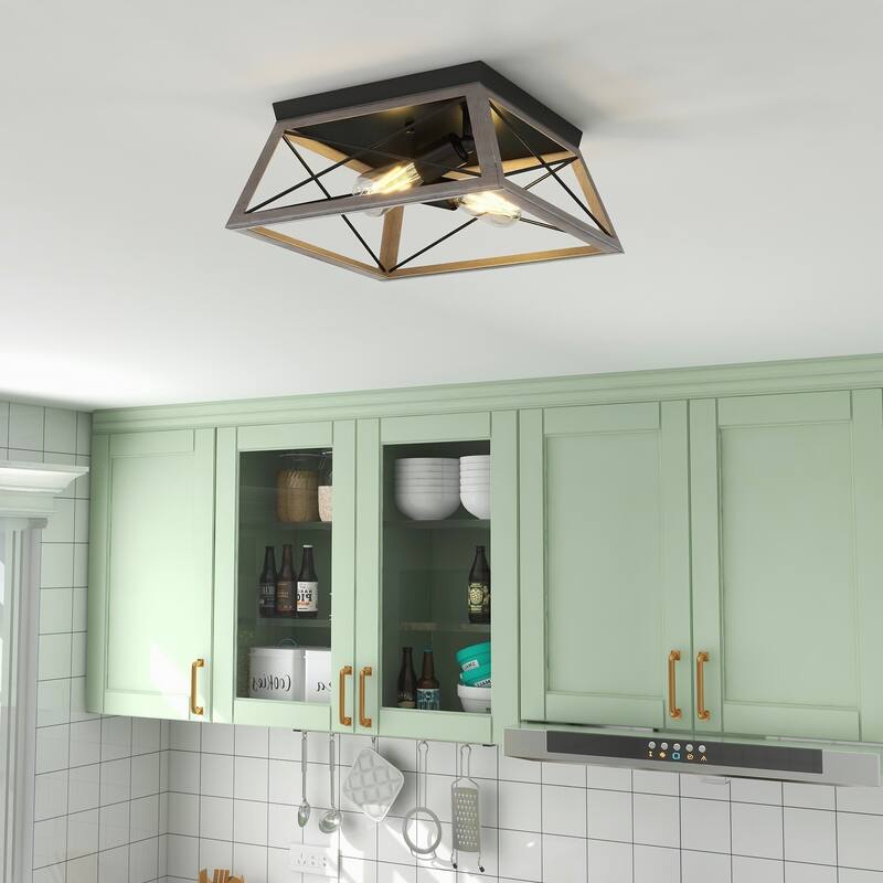2-Light Black Metal and Wood Flush Mount
