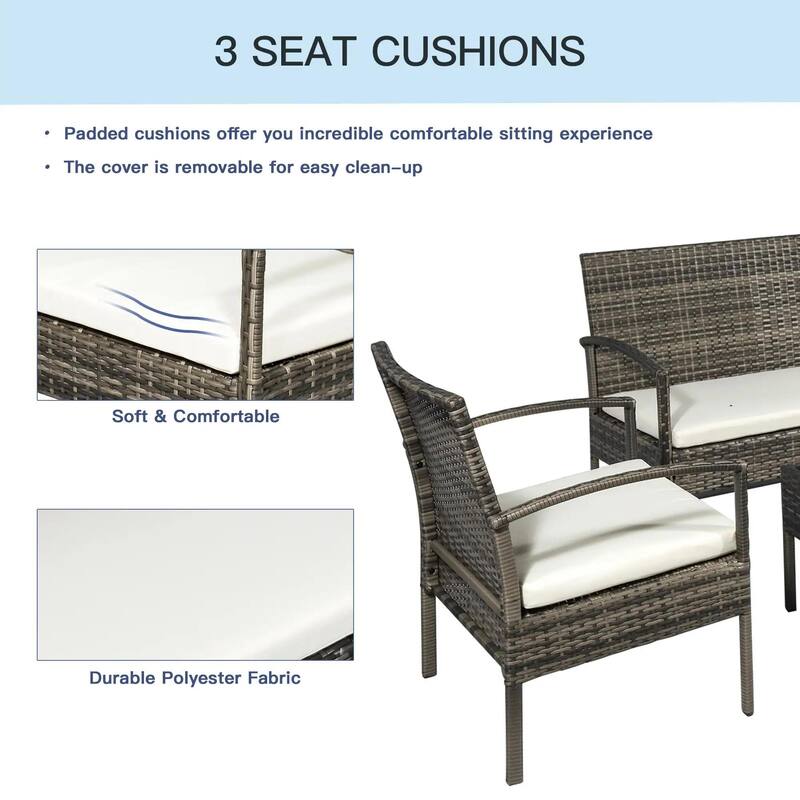 4PCS PE Rattan Conversation Set, Sofa Loveseat Table, All Weather