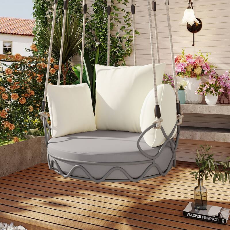Iron Hanging Basket Chair with Cushion - Beige