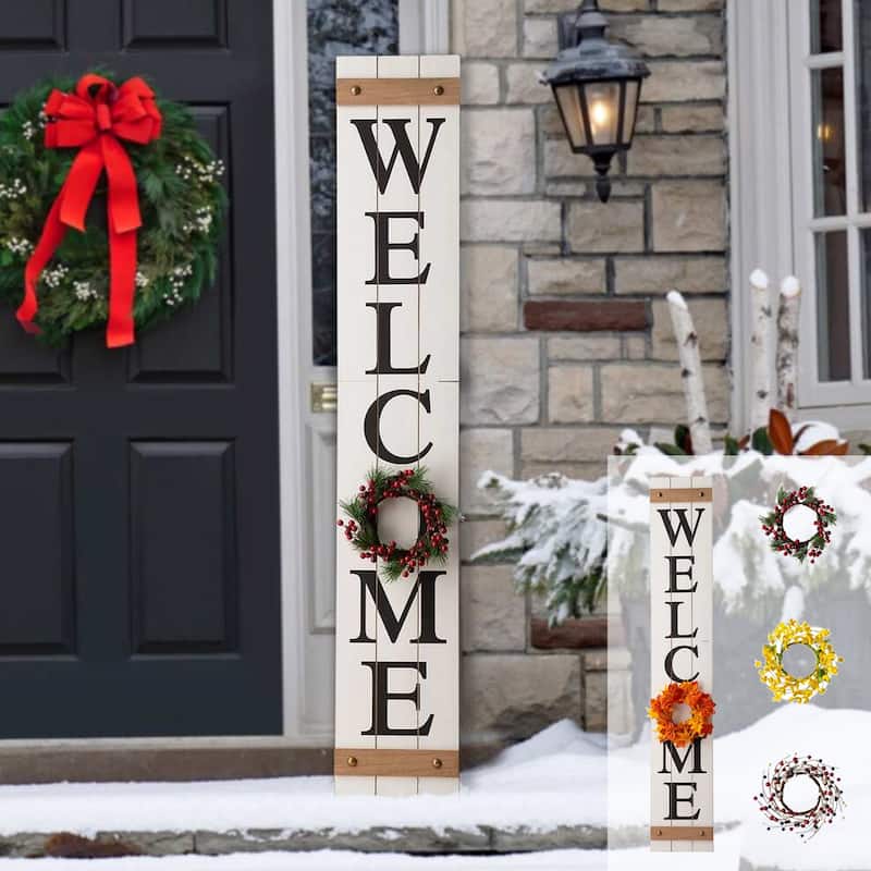 Glitzhome 60"H Christmas Wooden Welcome Porch Sign with 4 Wreaths Outdoor New Year Decorations