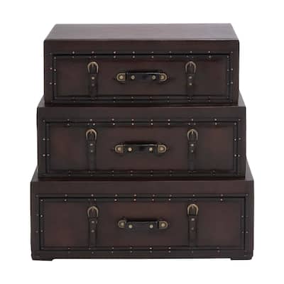 Wood Vintage Faux Leather Chest with Buckles and Straps Detailing - Brown or Black - Roche River Decor