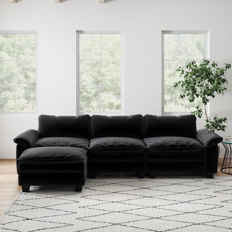 Luxury Velvet Upholstered Sectional Sofa Couch with Ottoman