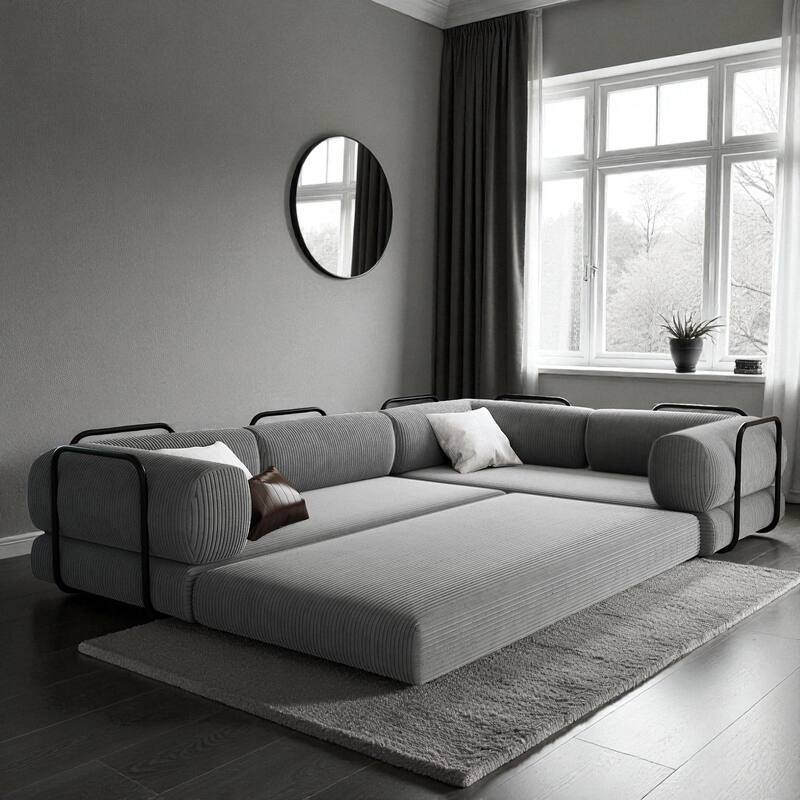115" L-Shaped Modular Corduroy Sofa Bed with Adjustable Cushions, Modern Sleeper Couch for Living Room & Apartment