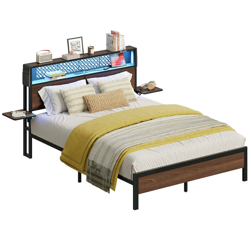 Platform Bed with LED Upholstered Storage Headboard Charge Station Foldable Bedside Shelf