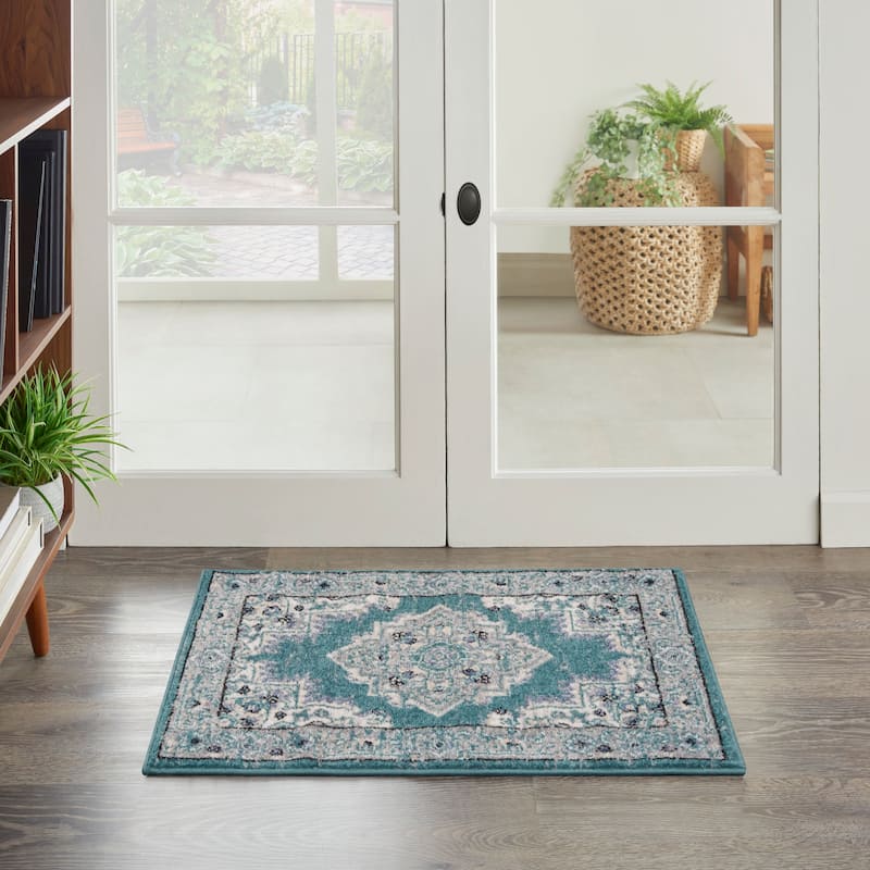 Porch & Den Dobbin Vintage Persian Medallion Farmhouse Area Rug - 1'10" x 2'10" - Turquoise/Grey