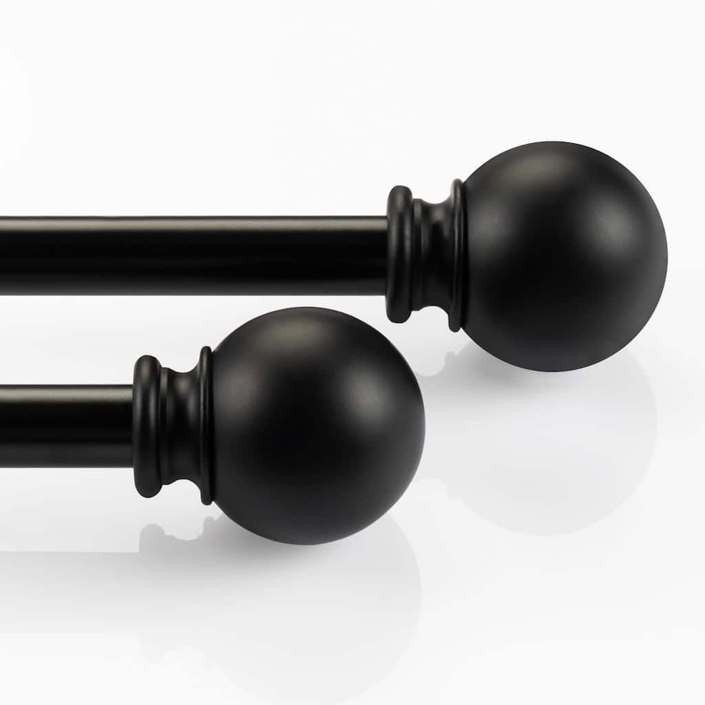 Deco Window 2 Pack Single Curtain Rod with Ball Round Finials & Brackets Set - 28" to 48", 5/8 Inch Diameter, Black Matte