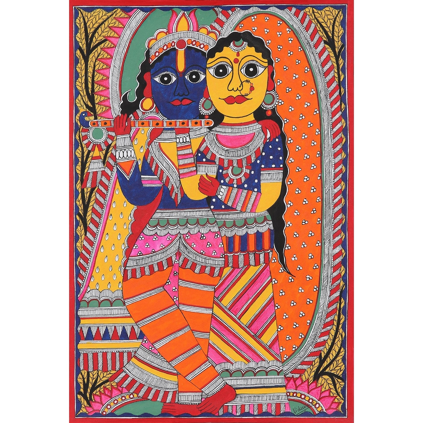 Novica Handmade Krishnas Flute Madhubani Painting