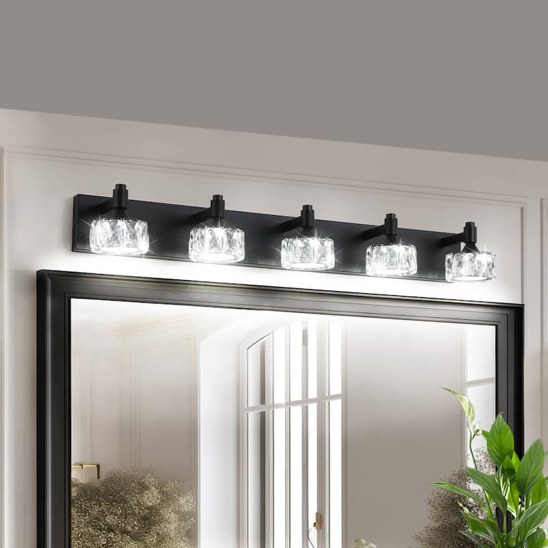 Modern 5-Light Matte Black LED Vanity Light Fixture with Crystal Glass Shades, Bathroom Wall Sconce