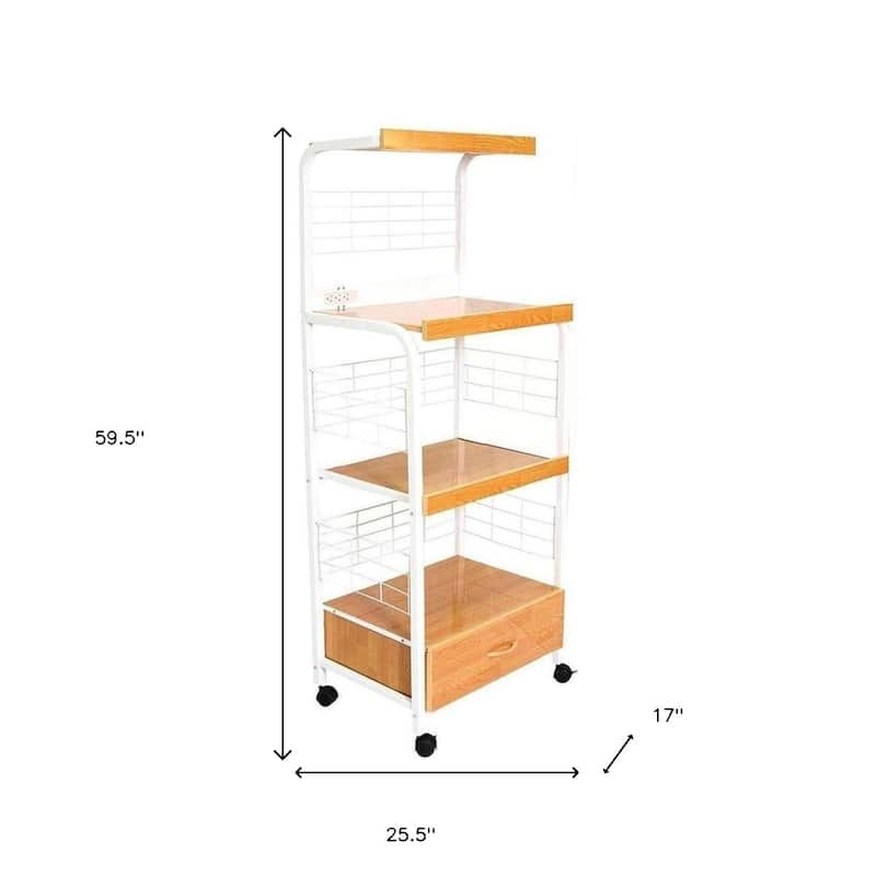 HomeRoots White and Natural 26" Rolling Kitchen Cart With Storage - 25.50 in. x 59.50 in. x 17.00 in.