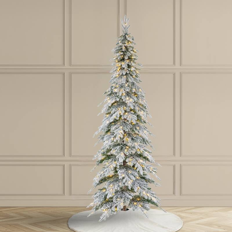 Glitzhome Pre-Lit Flocked Pencil Spruce Artificial Christmas Tree with Warm White Lights