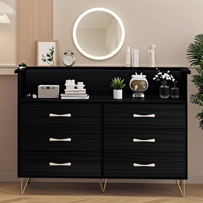 6-Drawer Dresser for Bedroom with LED Lights & Charging Station, Wood Storage Chest with Steel Frame