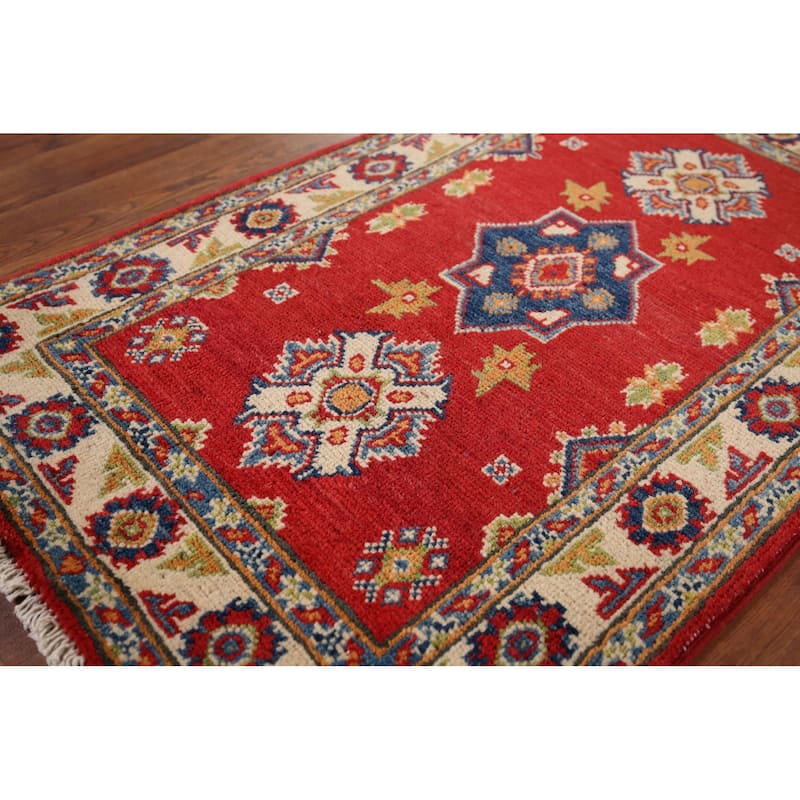 Red Geometric Kazak Oriental Accent Rug Hand-Knotted Wool Carpet - 1'11" x 3'3"