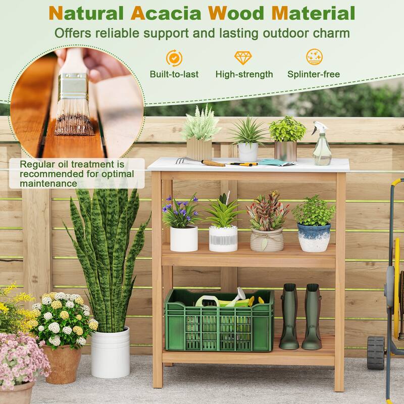 Gymax 3-Tier Patio Garden Potting Bench Table w/ Acacia Wood 2 Slatted