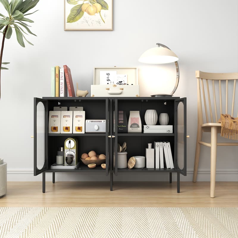 Metal Sideboard Cabinet with 4 Glass Door, Steel Locker Sideboard Buffet Cabinet, Sideboard Buffet Cabinet with 4 Doors