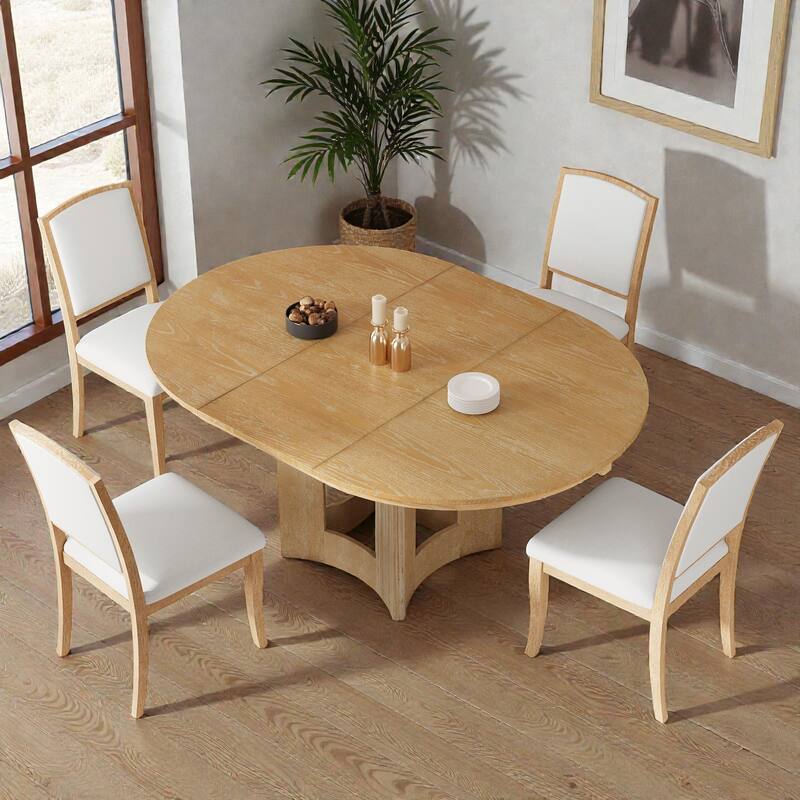 5-Piece Farmhouse Extendable Round Dining Table Set with 16" Leaf and 4 Upholstered Chairs for Small Spaces