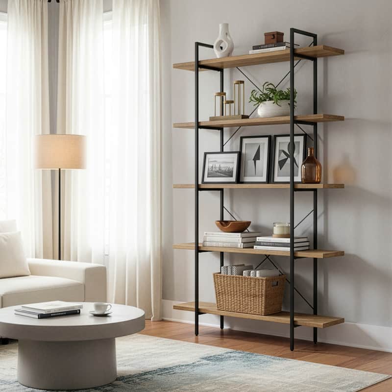 Amrit 84.5" Wood Shelf Metal Frame Etagere Five-shelf Bookcase - Black/Brown