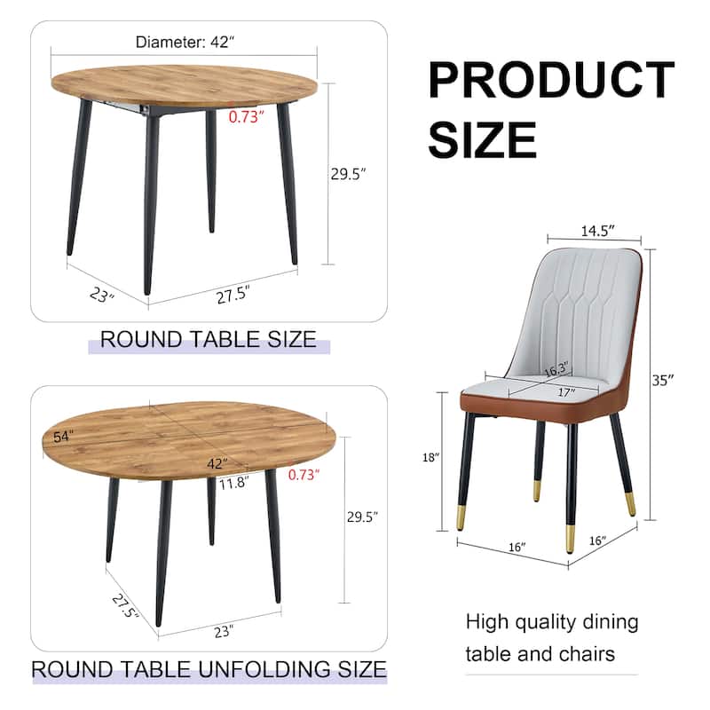 5-Piece Round Dining Set with Extendable Dining Table, Wood Kitchen Table Set with 4 PU Chairs for Dining Room