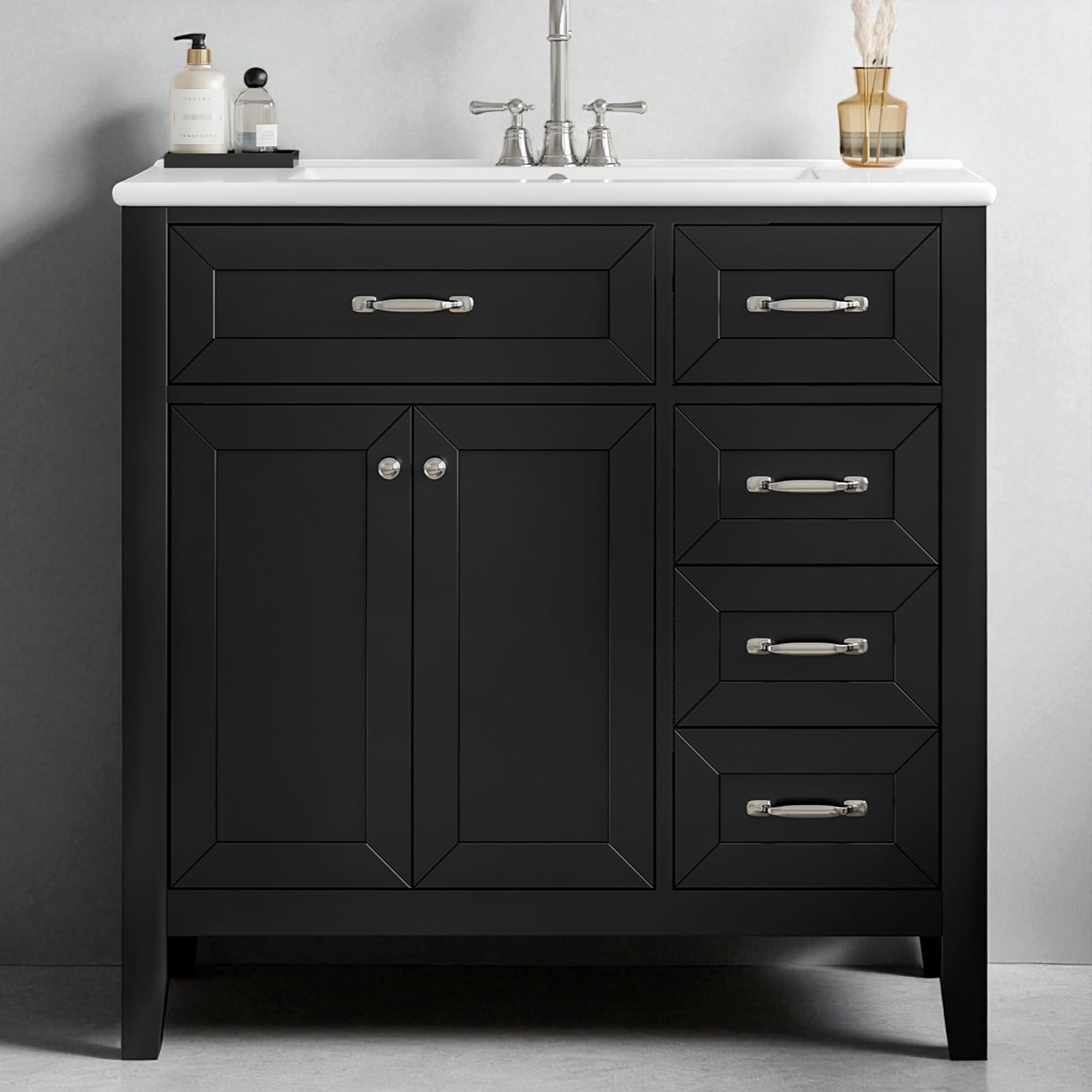 36" Bathroom Vanity with Smooth Ceramic Sink, Solid Wood Frame, Drawers & Cabinet Storage
