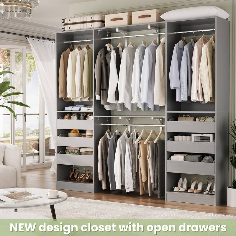 20"-60" Closet System with 3 Wooden Drawers and Sturdy Shelves and Retractable Rods